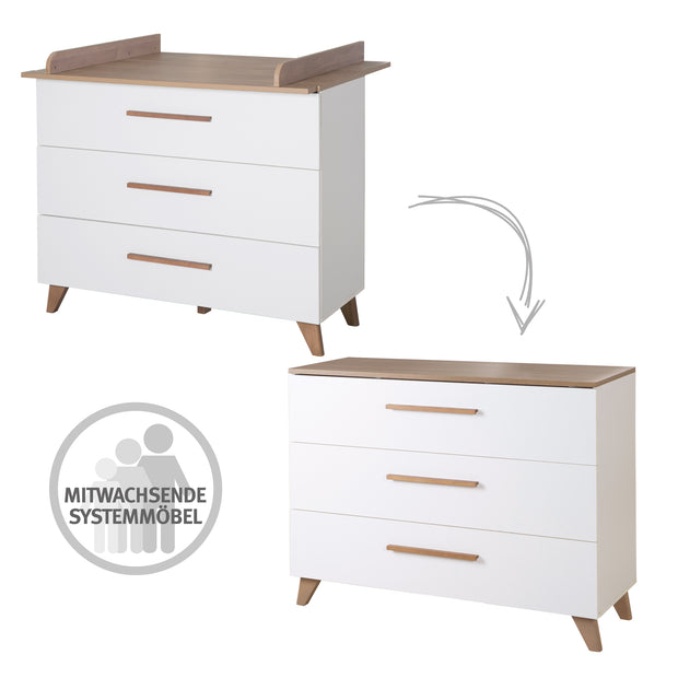 Wickelkommode 'Ole' - 3 Schubladen inkl. Holzgriffe & -füßen - Eiche / Weiß