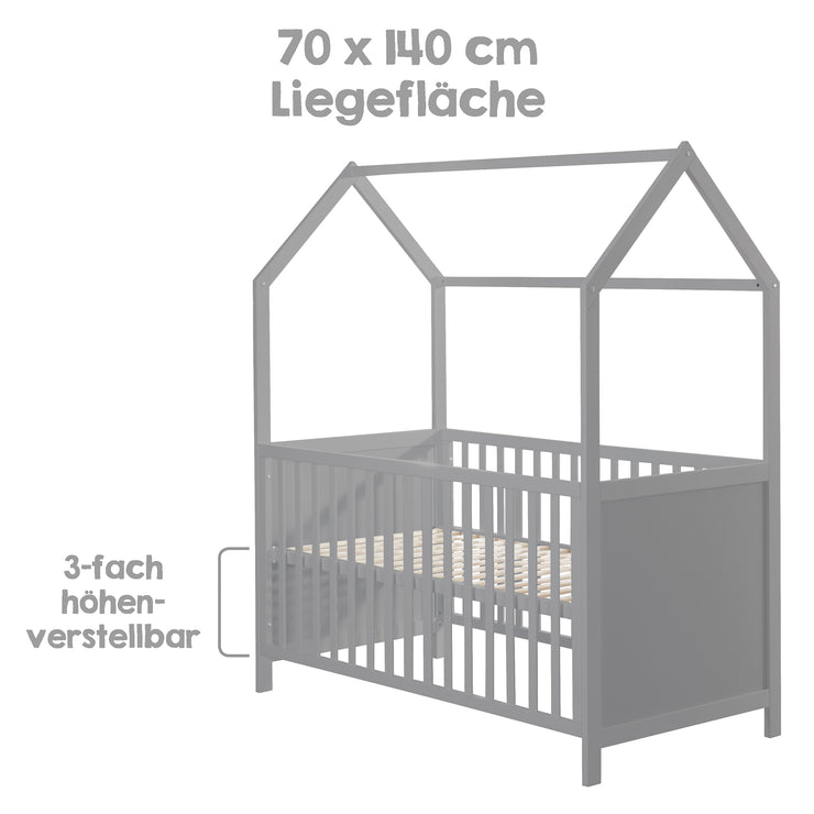 Hausbett 70 x 140 cm, FSC zertifiziert, Kombi-Kinderbett, taupe, 3-fach verstellbar, umbaubar