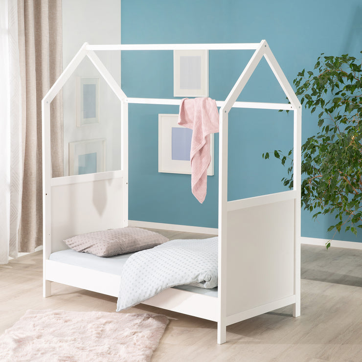 Cama casita 70 x 140 cm, certificado FSC, cama infantil convertible, blanco, ajustable en 3 posiciones, convertible