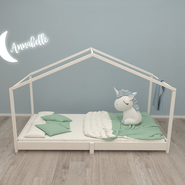 Lit de maison 90 x 200 cm - lit de plancher pour les enfants selon le principe de Montessori - Blanc en bois