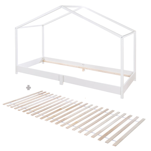 Lit de maison 90 x 200 cm - lit de plancher pour les enfants selon le principe de Montessori - Blanc en bois