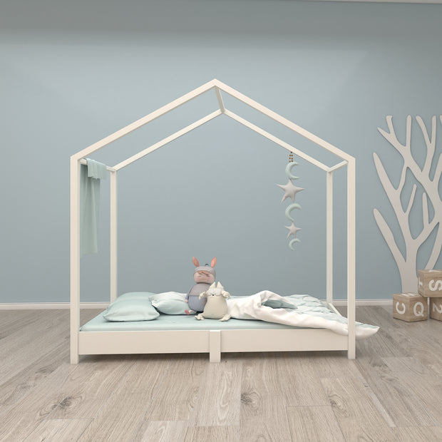 Casa letto 70 x 140 cm - letto per pavimenti secondo il principio di Montessori - Bianco in legno