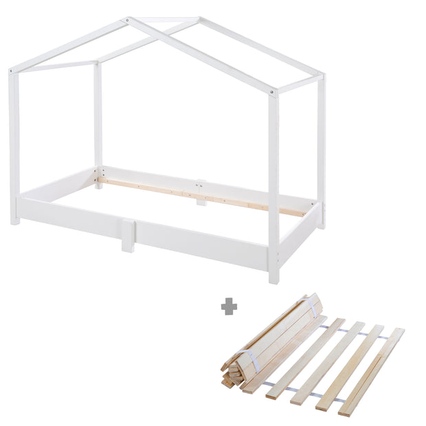 Lit de maison 70 x 140 cm - lit de plancher selon le principe de Montessori - Blanc en bois