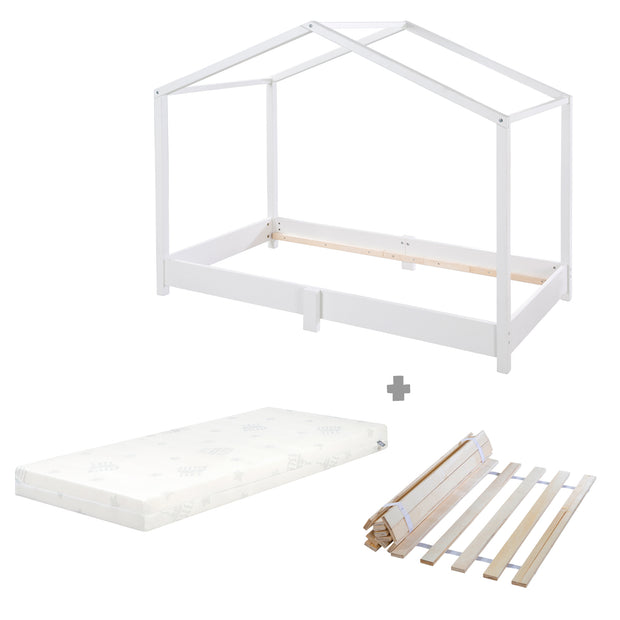 Lit de maison 70 x 140 cm - lit de plancher selon le principe de Montessori - Blanc en bois