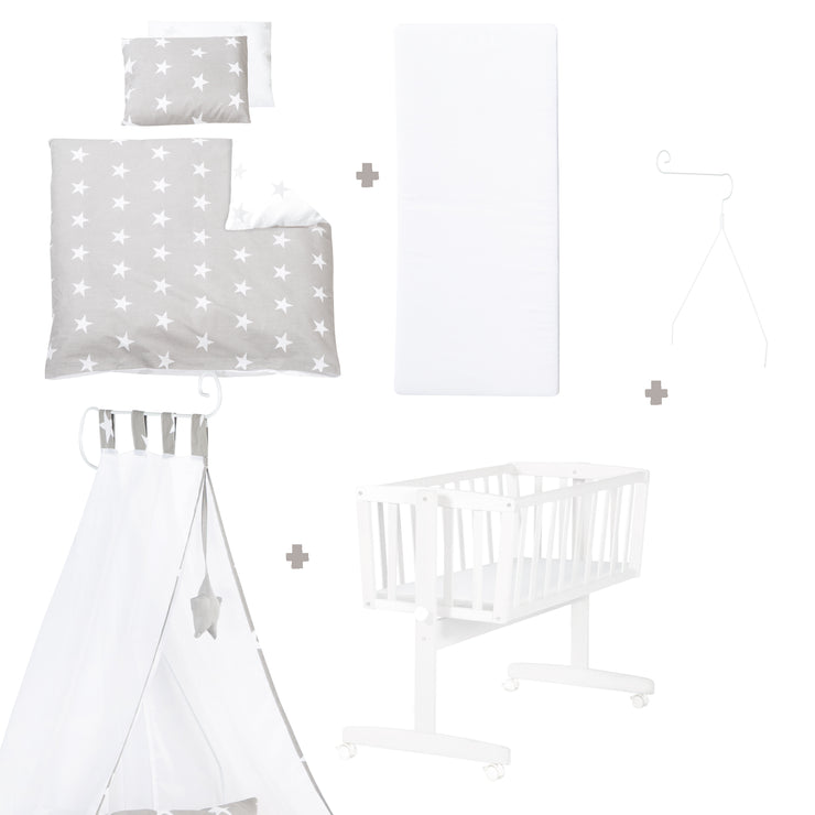 Complete Cradle Set "Little Stars" Including Textile Equipment in White / Gray