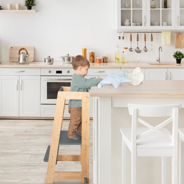 Lernturm für Kinder aus Holz - Bis 80 kg belastbar - Anthrazit / Bambus