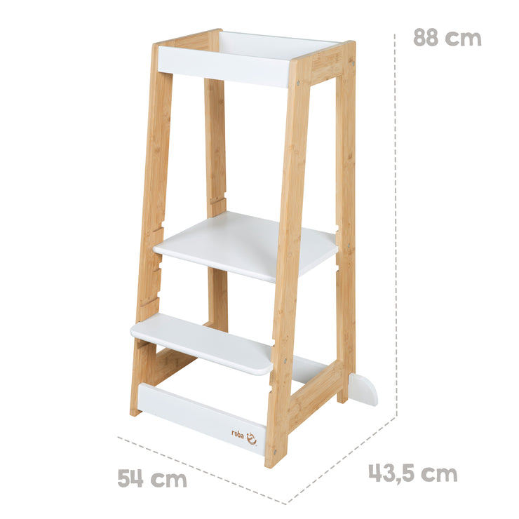 Lernturm für Kinder aus Holz - Bis 80 kg belastbar - Weiß / Bambus