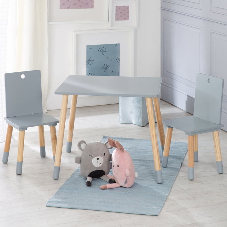 Ensemble de sièges, kit composé de 2 chaises et un table pour enfants, en bois, gris laqué