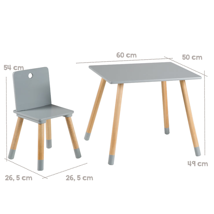 Ensemble de sièges, kit composé de 2 chaises et un table pour enfants, en bois, gris laqué