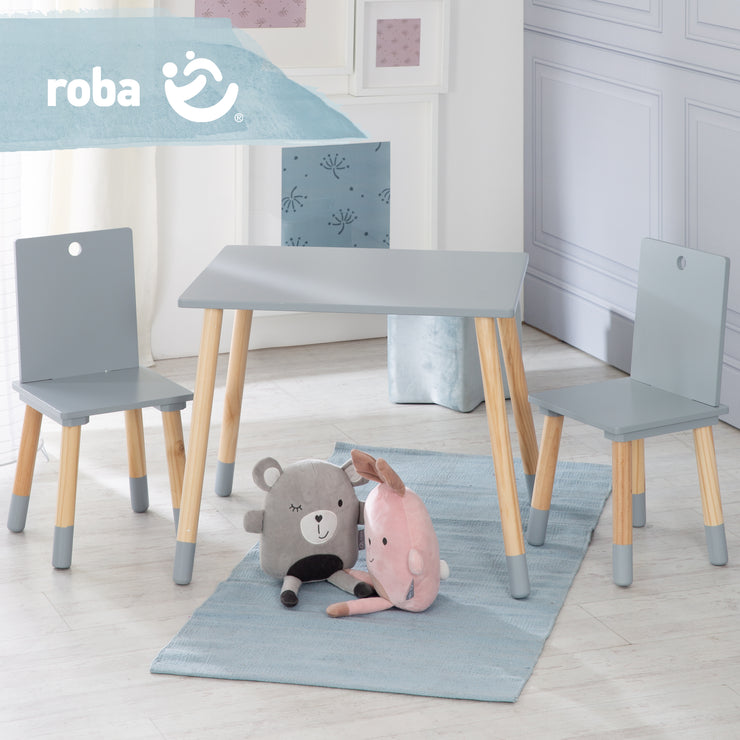 Ensemble de sièges, kit composé de 2 chaises et un table pour enfants, en bois, gris laqué