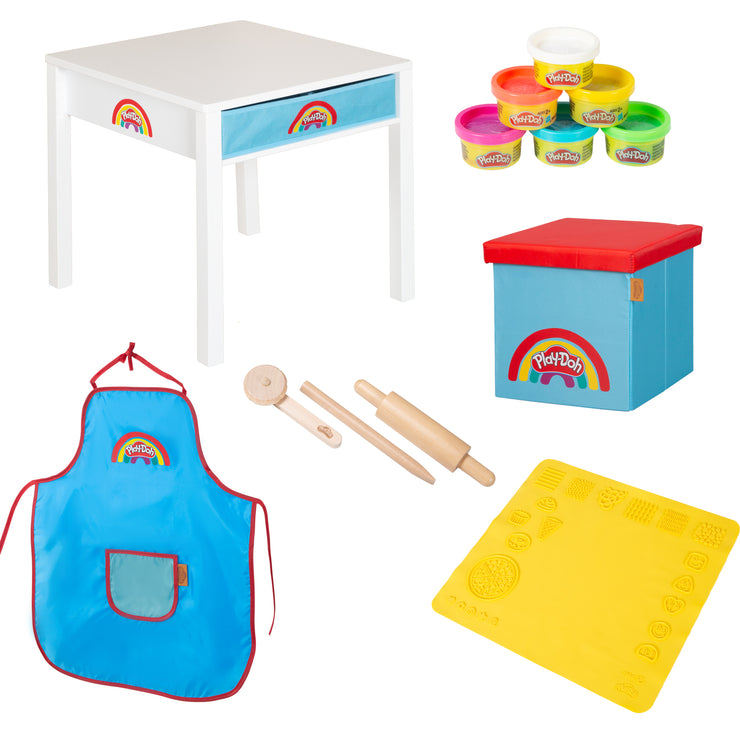 roba x Play-Doh Mesa de Manualidades con Taburete, 6 Botes de Plastilina y Accesorios de Juego - A Partir de 3 Años