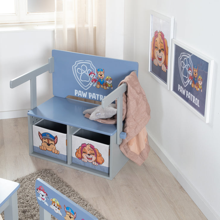 Banc pliable 'Paw Patrol' + boîtes en toile - Transformable en pupitre d'école