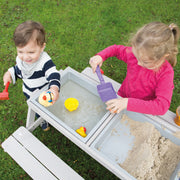 Structure de sièges pour enfant avec bac de jeu, bois massif résistant aux intempéries et table d’extérieur