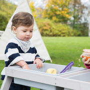 Structure de sièges pour enfant avec bac de jeu, bois massif résistant aux intempéries et table d’extérieur