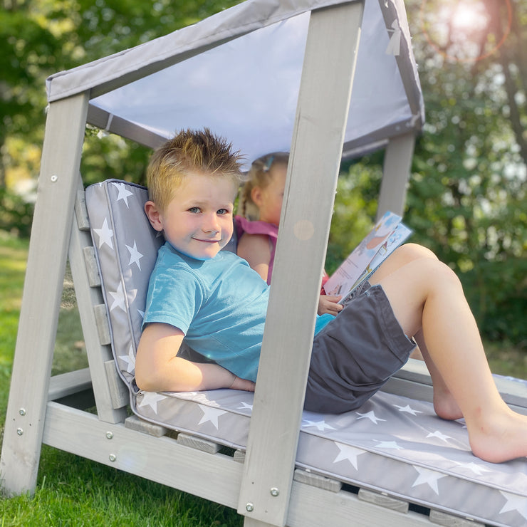 Chaise longue d'extérieur pour enfants avec coussin 'Little Stars' - bois massif certifié FSC - Gris lasuré