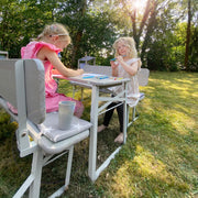 Ensemble de fête d'extérieur avec dossier - 2 bancs + 1 table - bois lasuré gris