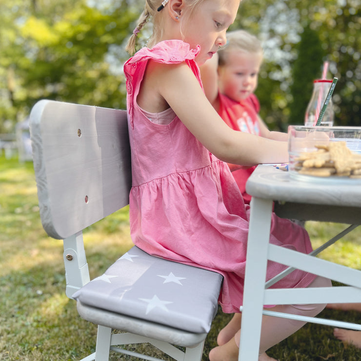 Ensemble de fête d'extérieur avec dossier - 2 bancs + 1 table - bois lasuré gris