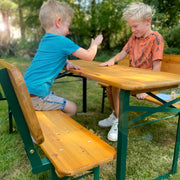 Outdoor Party-Garnitur mit Lehne - 2 Bänke + 1 Tisch - Holz teak lasiert