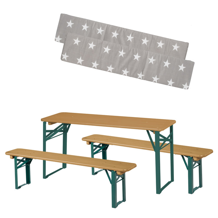 Garniture de fête d'extérieur en bois - 2 bancs + 1 table pour enfants - bois teck lasuré