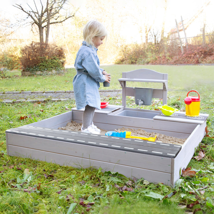 FSC -certified sandpit with mud kitchen - solid wood gray glazed