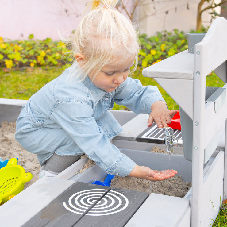 FSC -certified sandpit with mud kitchen - solid wood gray glazed