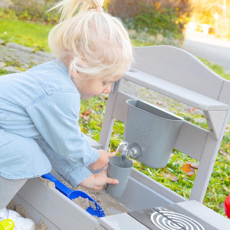 FSC -certified sandpit with mud kitchen - solid wood gray glazed