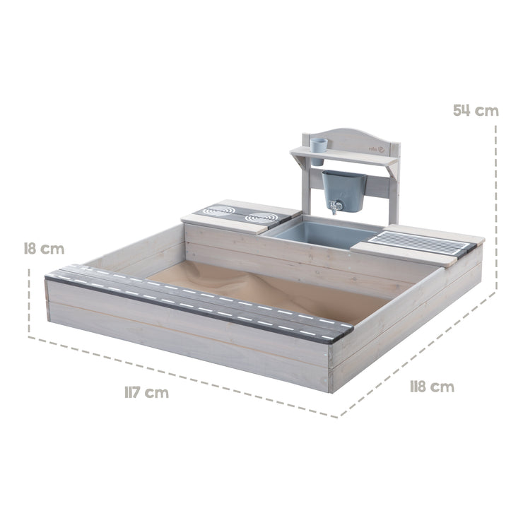 FSC-zertifizierter Sandkasten mit Matschküche - Massivholz grau lasiert