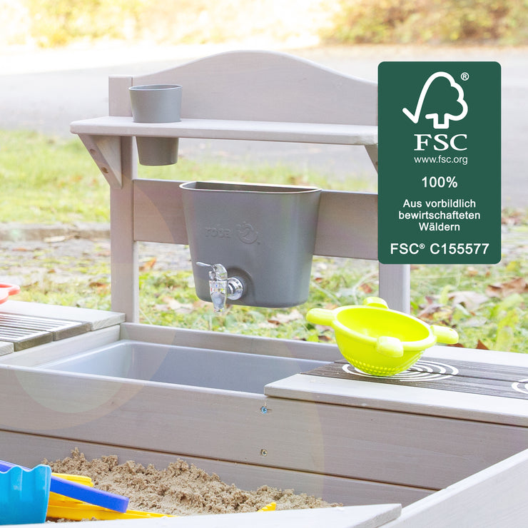 FSC -certified sandpit with mud kitchen - solid wood gray glazed