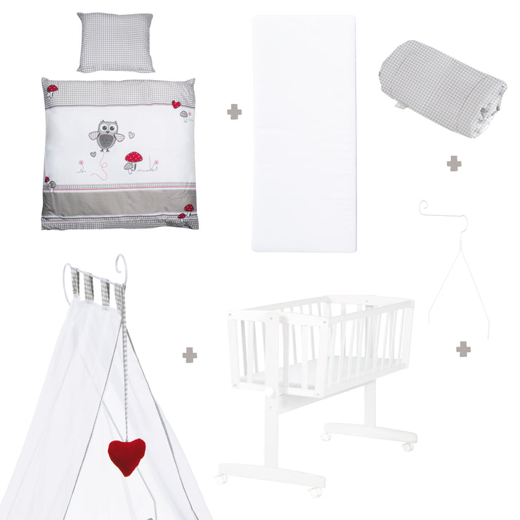 Kit berceau complet 'Adam et Eule', 40 x 90 cm, blanc, fonction de verrouillage, incl. accessoires