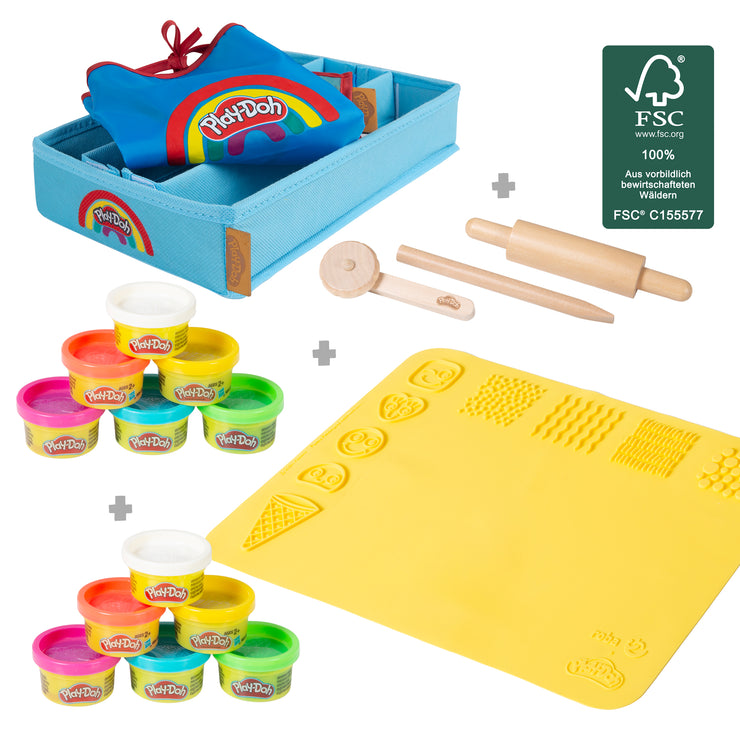 roba x Play-Doh Juego con Caja, Alfombrilla Creativa, 12 Plastilinas, Herramientas de Madera y Delantal