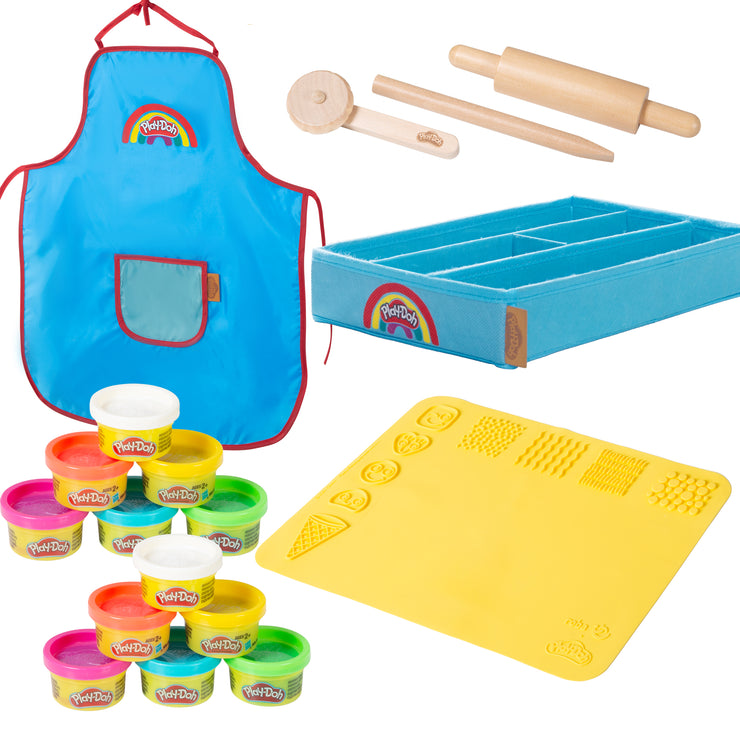 roba x Play-Doh Spielset mit Box, Kreativmatte, 12 Knete, Holzwerkzeugen & Schürze