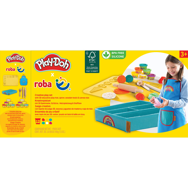 roba x Play-Doh Spielset mit Box, Kreativmatte, 12 Knete, Holzwerkzeugen & Schürze