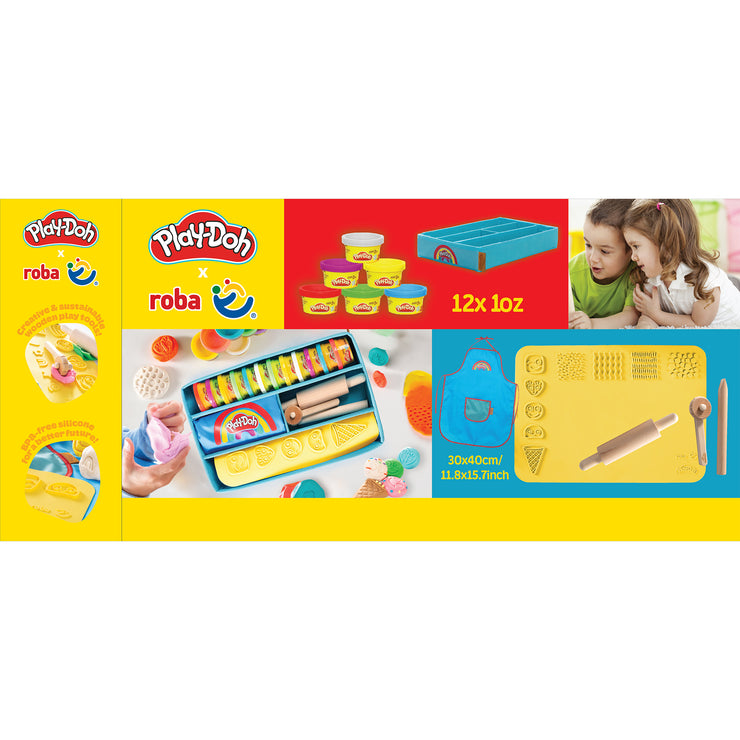 roba x Play-Doh Spielset mit Box, Kreativmatte, 12 Knete, Holzwerkzeugen & Schürze