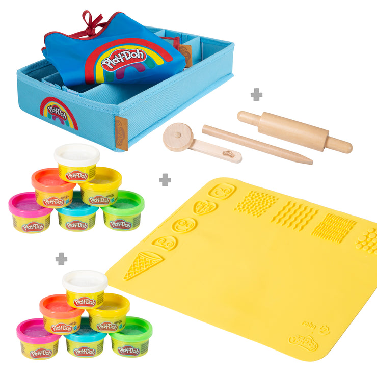 roba x Play-Doh Spielset mit Box, Kreativmatte, 12 Knete, Holzwerkzeugen & Schürze