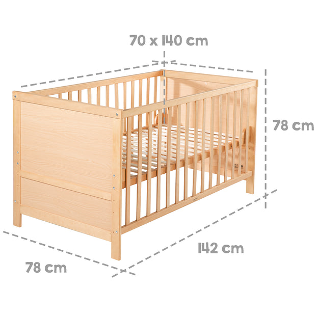 Letto per bambini combinato, 70 x 140 cm, natura, 3 volte regolabile, barra di slip, convertibile nel letto junior