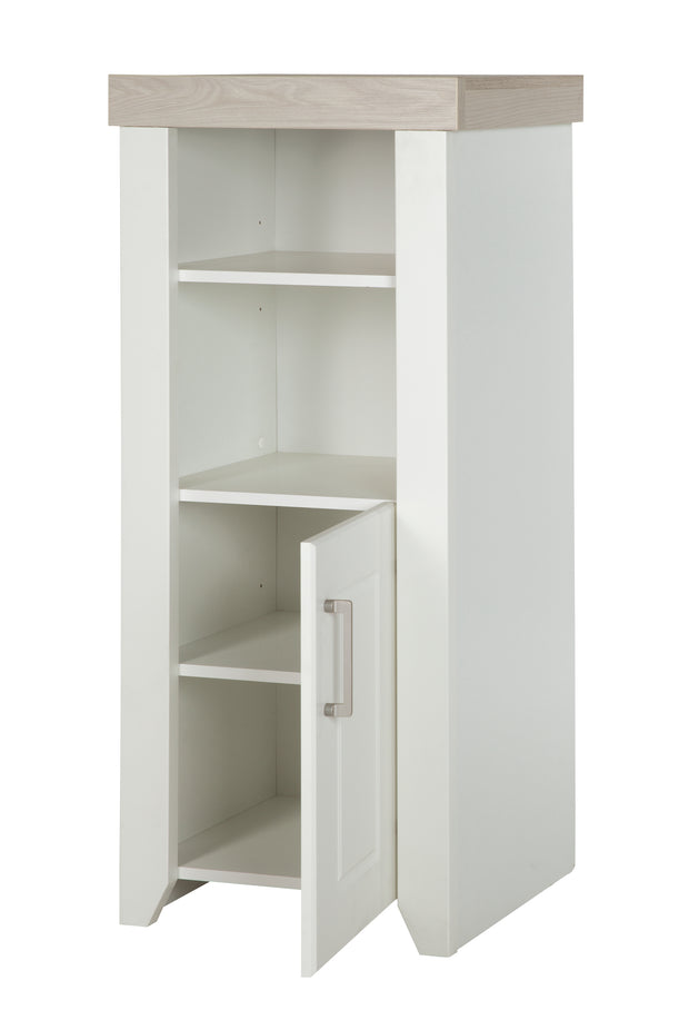 Standregal 'Felicia‘ mit Korpus im Dekor Weiß, Fronten Canadian White, Kranz im Dekor Luna Elm