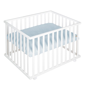 Playpen 'roba Style', 75 x 100 cm, White Wood, Includes Light Blue Protection Padding & Wheels