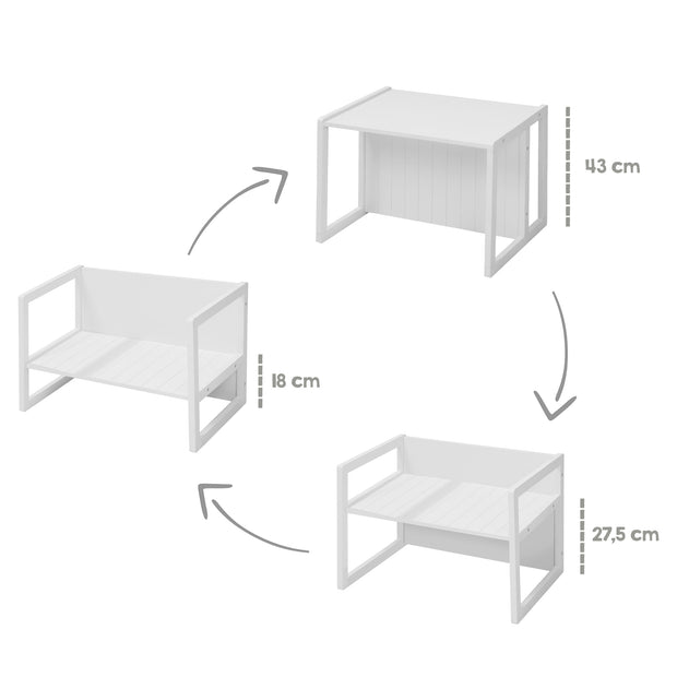 Sitzbank im Landhausstil, weiß, durch Drehen in 2 Sitzhöhen oder als Kindertisch verwendbar