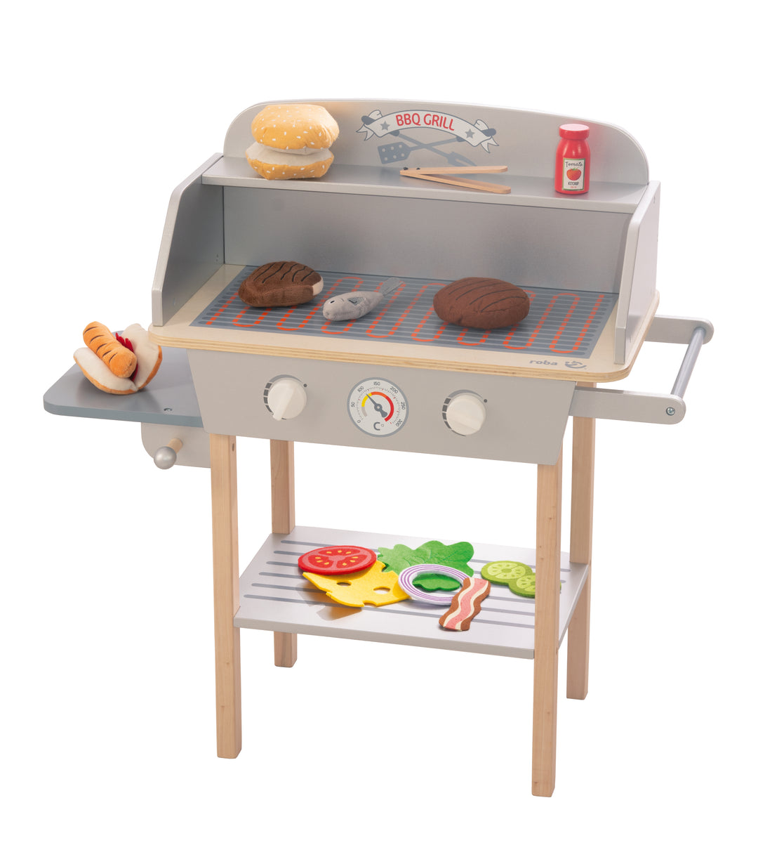 BBQ Grill aus Holz mit 14 teiligem Stoffzubehor Spielzeug Barbecue G roba