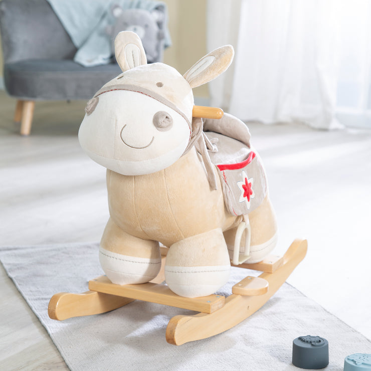 Rocking horse, rocking fabric with animal upholstery, roba wood sti with in –